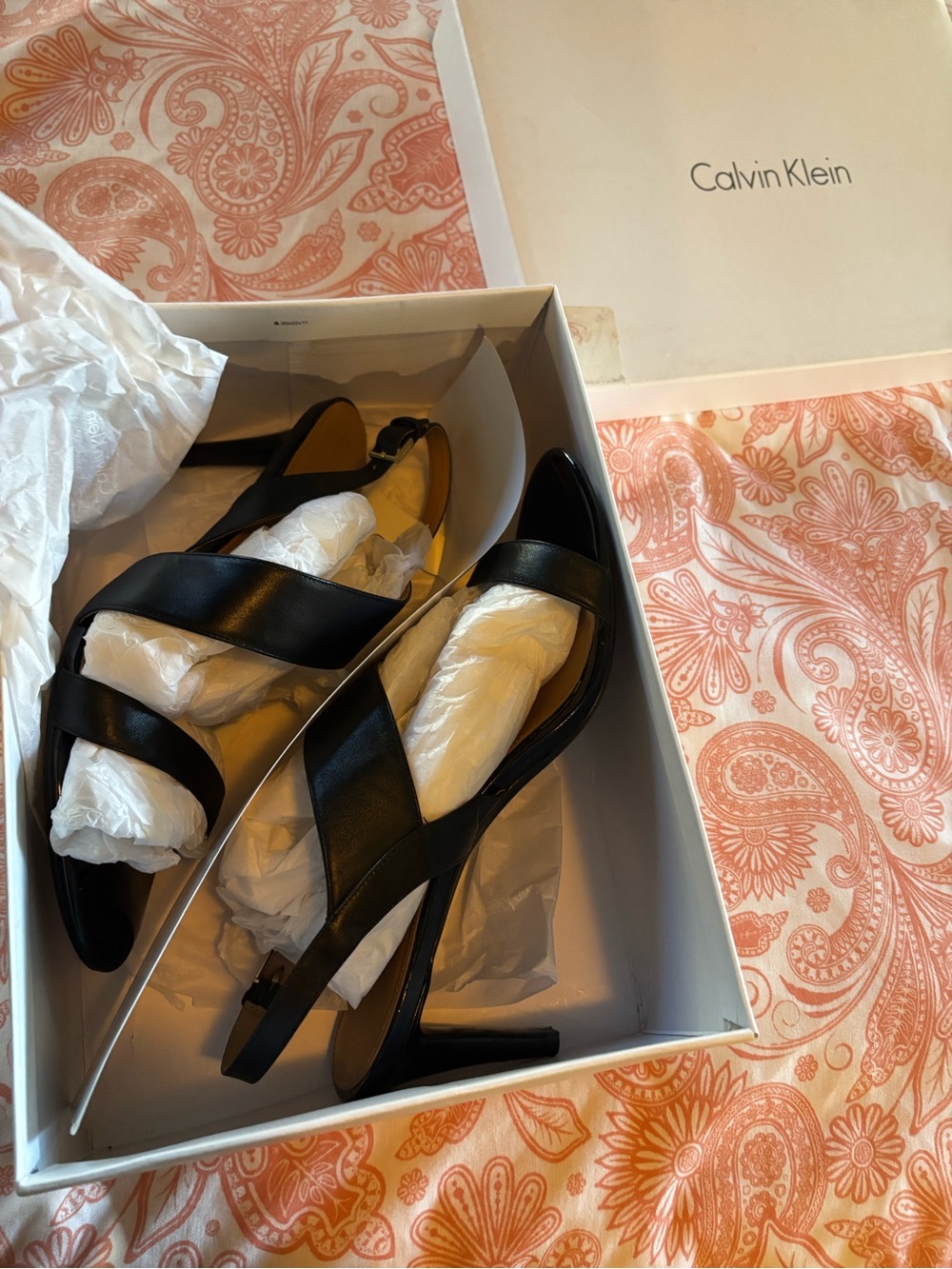Calvin Klein Black Strappy Leather Slingback Sandals